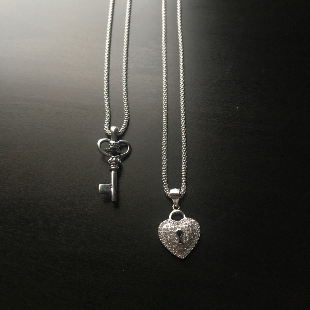 Silver Heart And Key Pendant With Chains